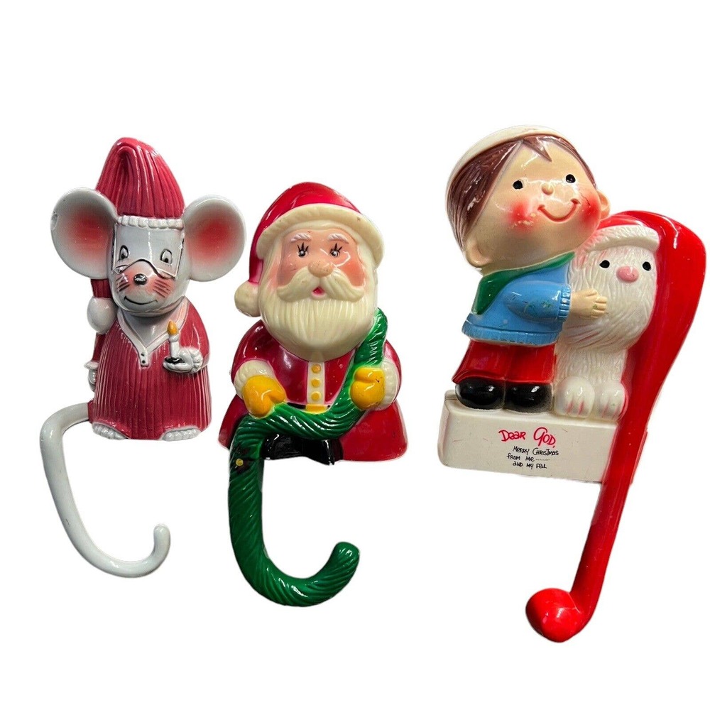 Vintage 1982‎ Sun Hill Stocking Holders Santa Claus, Boy Dog & Mouse Hanger